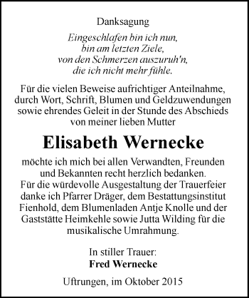 Traueranzeige von Elisabeth Wernecke von Mitteldeutsche Zeitung Sangerhausen