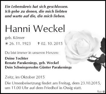 Traueranzeige von Hanni Weckel von Super Sonntag Zeitz