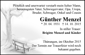 Traueranzeige von Günther Menzel von Mitteldeutsche Zeitung Sangerhausen