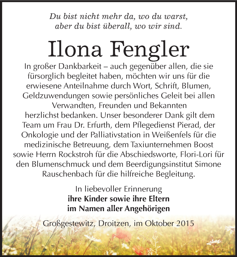 Traueranzeige für Ilona Fengler vom 24.10.2015 aus Mitteldeutsche Zeitung Naumburg/Nebra