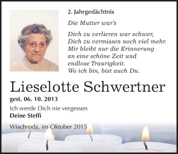 Traueranzeige von Lieselotte Schwertner von Mitteldeutsche Zeitung Naumburg/Nebra