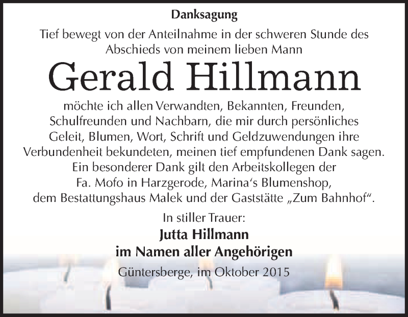  Traueranzeige für Gerald Hillmann vom 24.10.2015 aus WVG - Wochenspiegel Quedlinburg