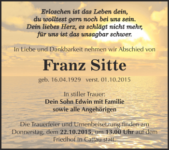 Traueranzeige von Franz Sitte von WVG - Wochenspiegel Dessau / Köthen