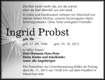 Traueranzeige von Ingrid Probst von Mitteldeutsche Zeitung Merseburg/Querfurt