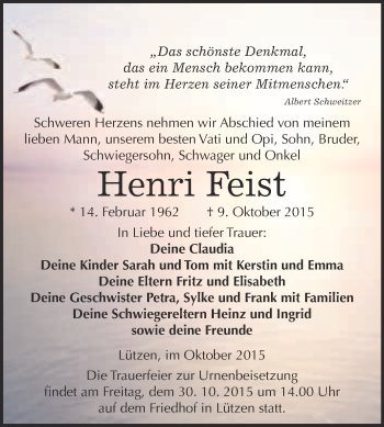 Traueranzeige von Henri Feist von Super Sonntag Merseburg