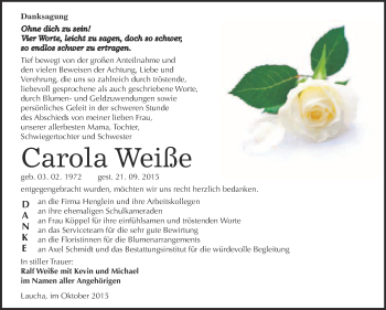 Traueranzeige von Carola Weiße von WVG - Wochenspiegel NMB / WSF / ZTZ