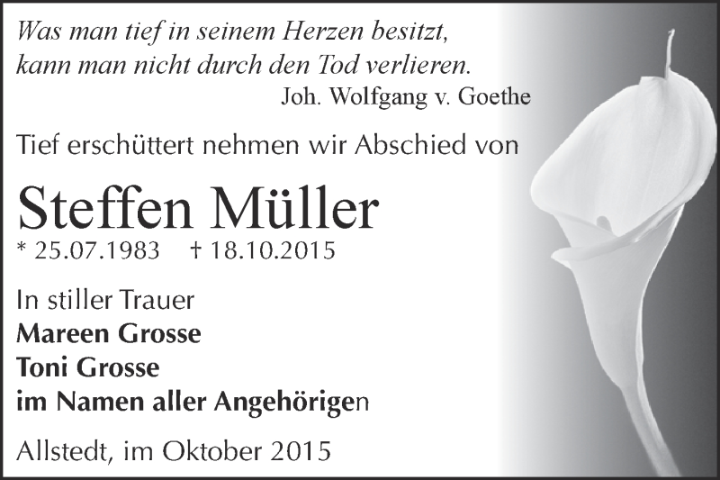  Traueranzeige für Steffen Müller vom 24.10.2015 aus Super Sonntag SGH Mansf. Land