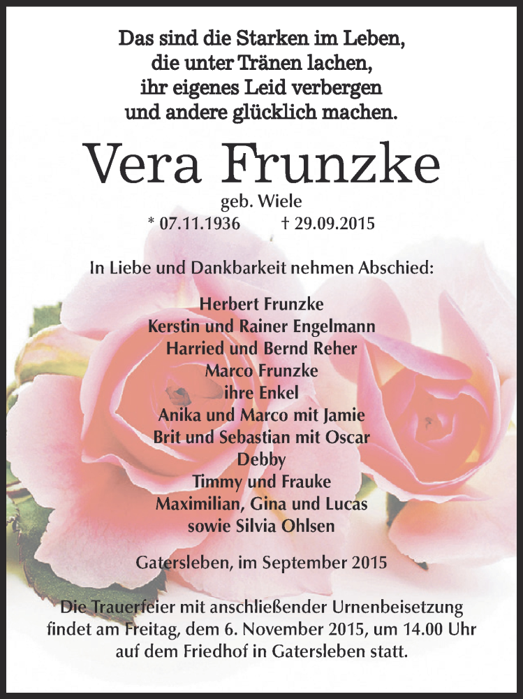 Traueranzeige für Vera Frunzke vom 10.10.2015 aus Super Sonntag Aschersleben