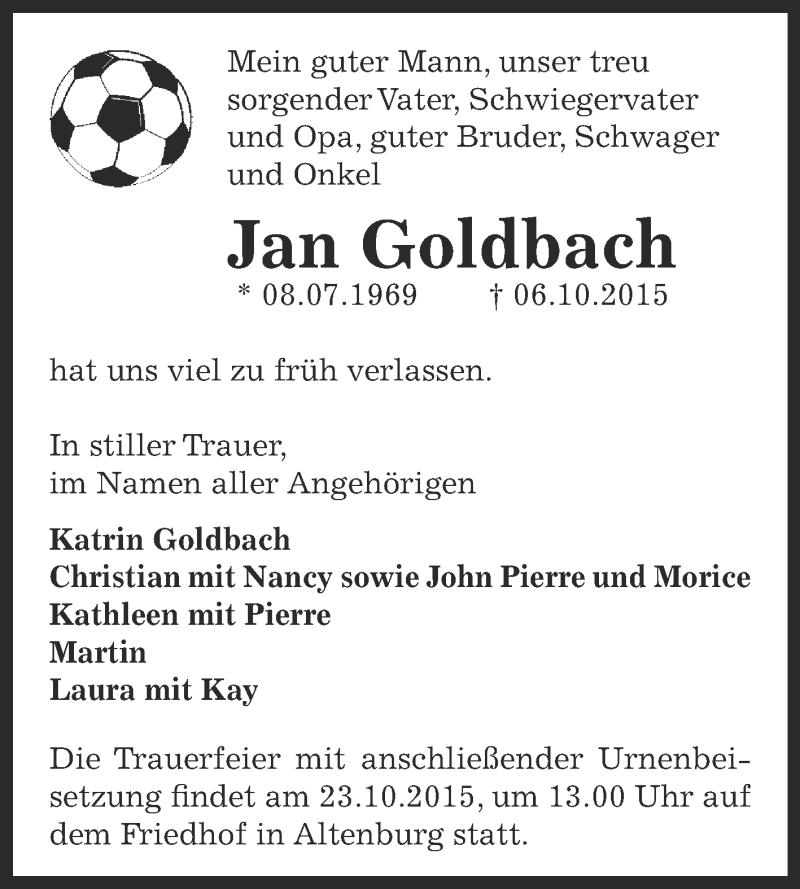  Traueranzeige für Jan Goldbach vom 10.10.2015 aus Super Sonntag Bernburg