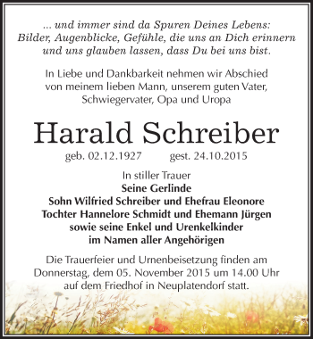 Traueranzeige von Harald Schreiber von Mitteldeutsche Zeitung Quedlinburg