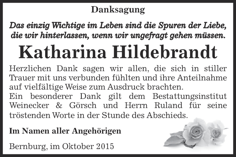  Traueranzeige für Katharina Hildebrandt vom 10.10.2015 aus Super Sonntag Bernburg