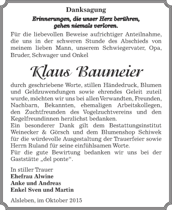 Traueranzeige von Klaus Baumeier von Super Sonntag Bernburg