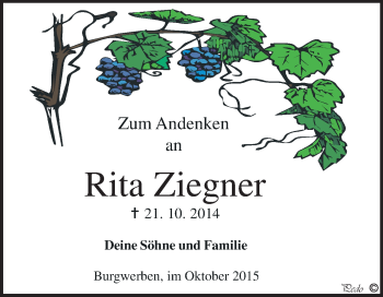 Traueranzeige von Rita Ziegner von WVG - Wochenspiegel NMB / WSF / ZTZ