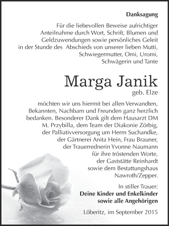 Traueranzeige von Marga Janik von WVG - Wochenspiegel Dessau / Köthen