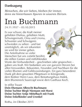 Traueranzeige von Ina Buchmann von Mitteldeutsche Zeitung Sangerhausen