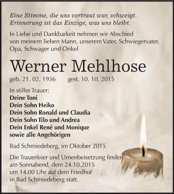 Traueranzeige von Werner Mehlhose von WVG - Wochenspiegel Wittenberg