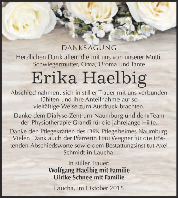 Traueranzeige von Erika Haelbig von WVG - Wochenspiegel NMB / WSF / ZTZ