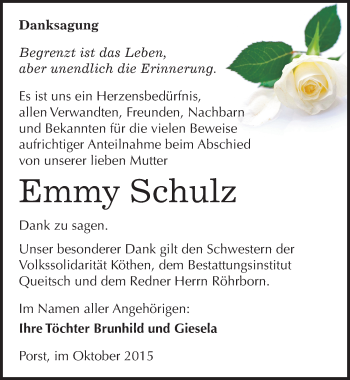 Traueranzeige von Emmy Schulz von Mitteldeutsche Zeitung Köthen