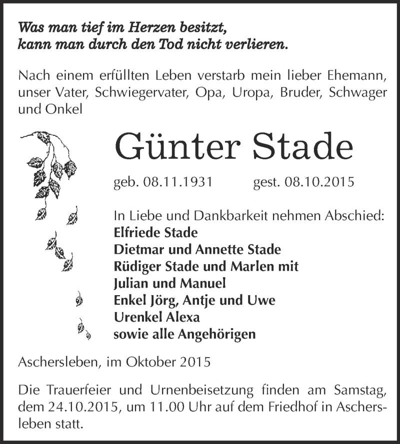  Traueranzeige für Günter Stade vom 14.10.2015 aus Super Sonntag Aschersleben