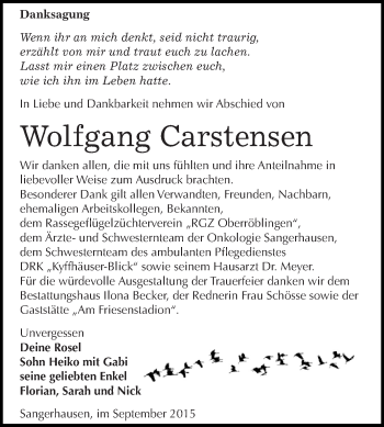 Traueranzeige von Wolfgang Carstensen von Super Sonntag SGH Mansf. Land