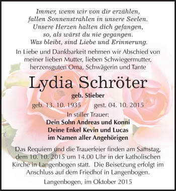 Traueranzeige von Lydia Schröter von Mitteldeutsche Zeitung Halle/Saalkreis
