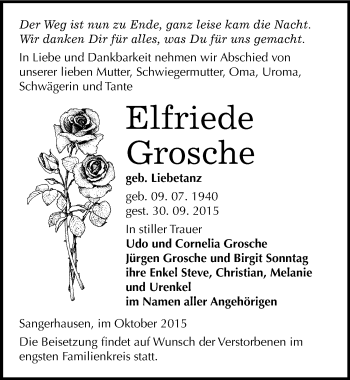 Traueranzeige von Elfriede Grosche von Mitteldeutsche Zeitung