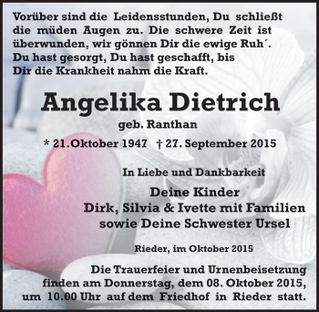 Traueranzeige von Angelika Dietrich von Mitteldeutsche Zeitung Quedlinburg