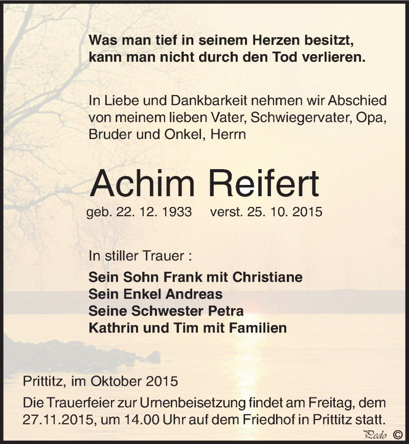  Traueranzeige für Achim Reifert vom 30.10.2015 aus Mitteldeutsche Zeitung Weißenfels