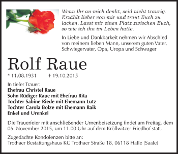 Traueranzeige von Rolf Raue von Mitteldeutsche Zeitung Halle/Saalkreis