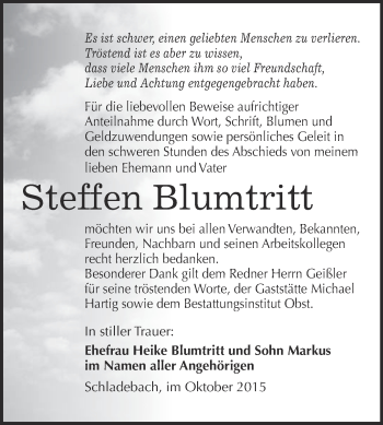 Traueranzeige von Steffen Blumtritt von Super Sonntag Merseburg