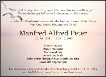Traueranzeige von Manfred Alfred Peter von WVG - Wochenspiegel NMB / WSF / ZTZ