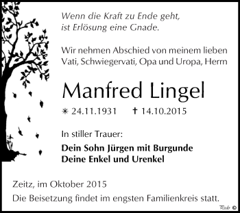 Traueranzeige von Manfred Lingel von WVG - Wochenspiegel NMB / WSF / ZTZ