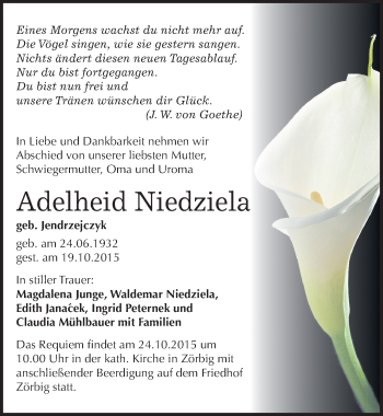 Traueranzeige von Adelheid Niedziela von Mitteldeutsche Zeitung Bitterfeld