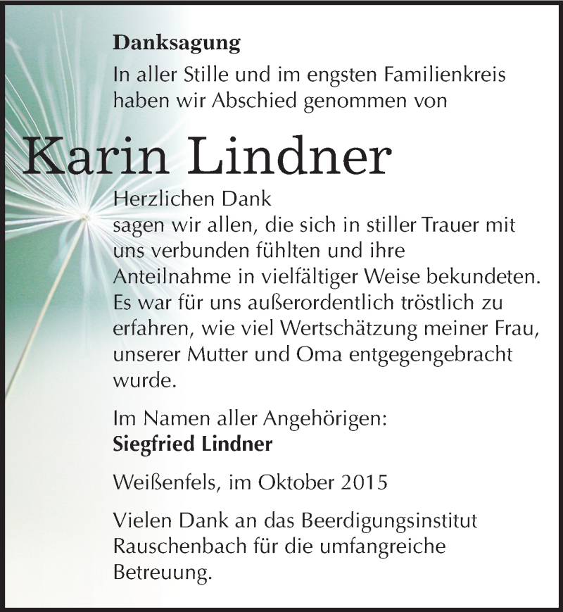  Traueranzeige für Karin Lindner vom 14.10.2015 aus Mitteldeutsche Zeitung Weißenfels