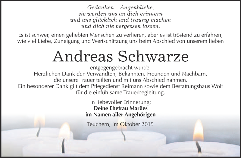  Traueranzeige für Andreas Schwarze vom 28.10.2015 aus WVG - Wochenspiegel NMB / WSF / ZTZ