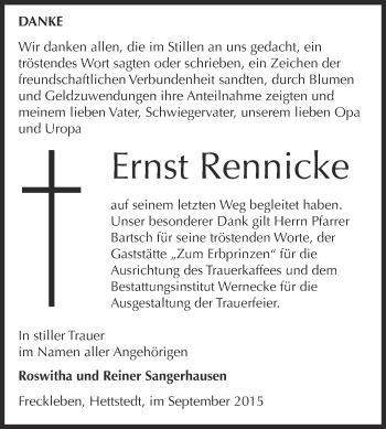 Traueranzeige von Ernst Rennicke von Wochenspiegel Mansfelder Land