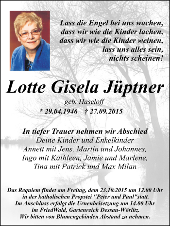 Traueranzeige von Lotte Gisela Jüptner von WVG - Wochenspiegel Dessau / Köthen