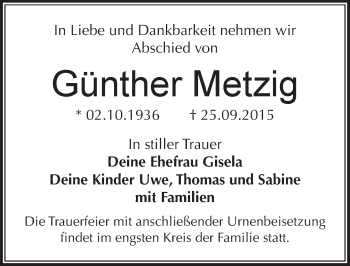 Traueranzeige von Günther Metzig von Mitteldeutsche Zeitung Dessau-Roßlau