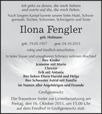 Traueranzeige von Ilona Fengler von WVG - Wochenspiegel NMB / WSF / ZTZ
