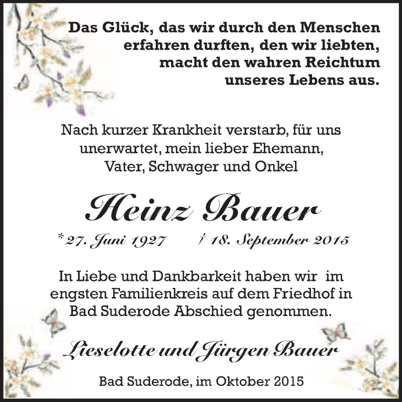  Traueranzeige für Heinz Bauer vom 10.10.2015 aus WVG - Wochenspiegel Quedlinburg