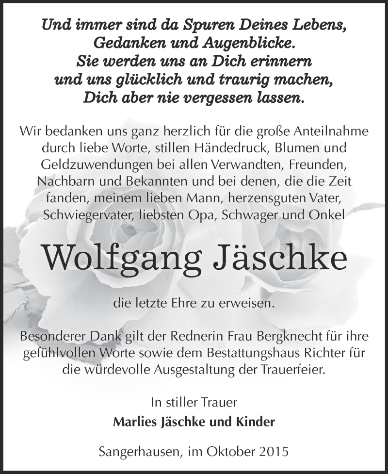  Traueranzeige für Wolfgang Jäschke vom 17.10.2015 aus Super Sonntag SGH Mansf. Land