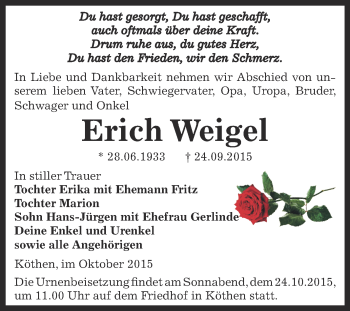 Traueranzeige von Erich Weigel von WVG - Wochenspiegel Dessau / Köthen