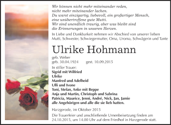 Traueranzeige von Ulrike Hohmann von Super Sonntag Quedlinburg