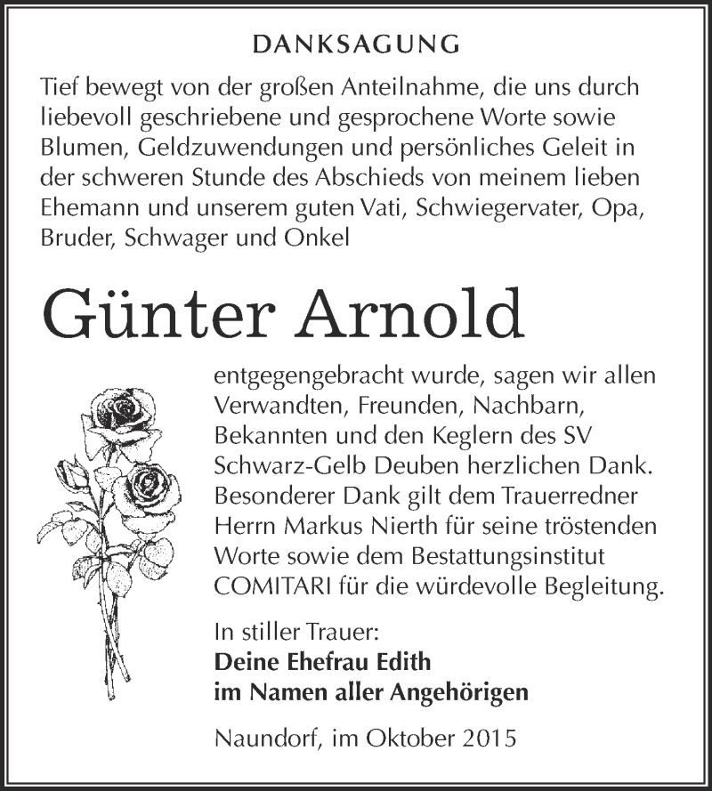 Traueranzeige für Günter Arnold vom 14.10.2015 aus WVG - Wochenspiegel NMB / WSF / ZTZ