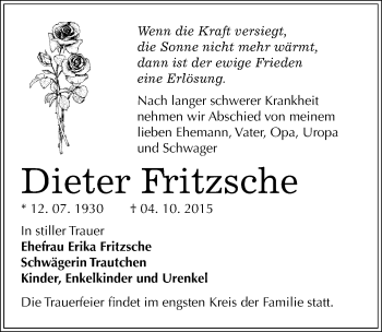 Traueranzeige von Dieter Fritzsche von Mitteldeutsche Zeitung Wittenberg