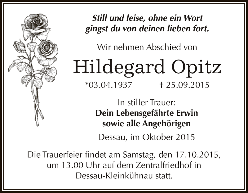  Traueranzeige für Hildegard Opitz vom 10.10.2015 aus WVG - Wochenspiegel Dessau / Köthen