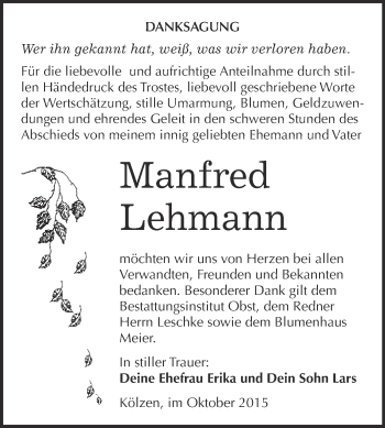 Traueranzeige von Manfred Lehmann von Super Sonntag Merseburg