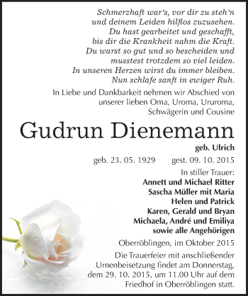 Traueranzeige von Gudrun Dienemann von Mitteldeutsche Zeitung Sangerhausen