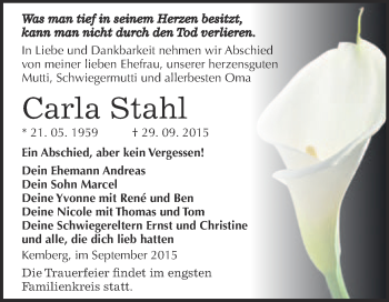 Traueranzeige von Carla Stahl von WVG - Wochenspiegel Wittenberg