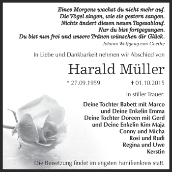 Traueranzeige von Harald Müller von WVG - Wochenspiegel Dessau / Köthen